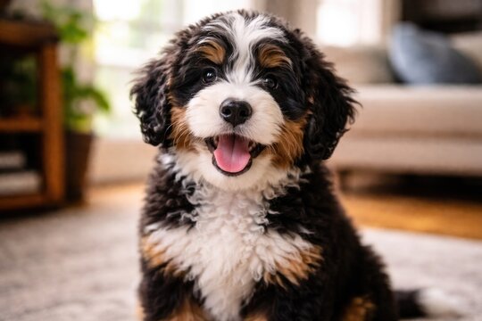 Cheerful indoor photo of a tricolor Bernedoodle pup facing the camera