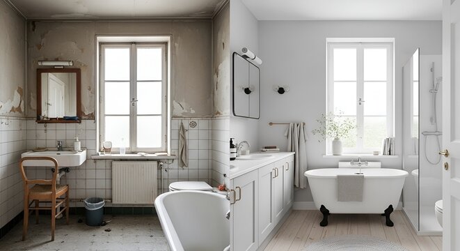 Comparison of a neglected vintage bathroom versus a modern renovated bathroom showcasing stark differences