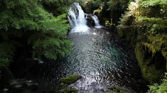 Tengu Waterfall, Kikuchi Gorge Japan | Fresh Green Forest, Clear Waterfall and Gorge Landscape Aerial Drone Background