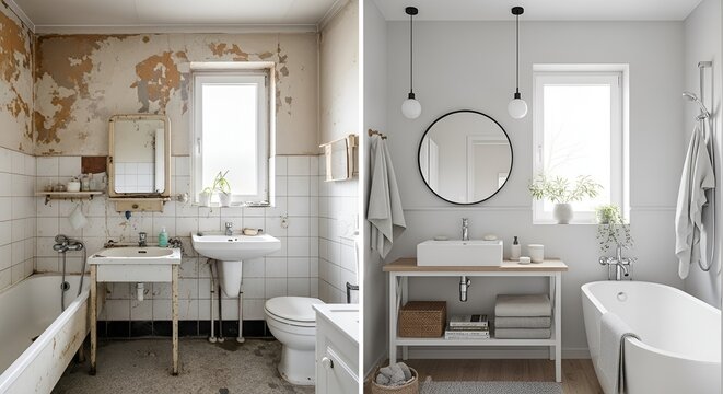 Comparison of a neglected bathroom with peeling paint and a modern, renovated bathroom with sleek design and clean appearance