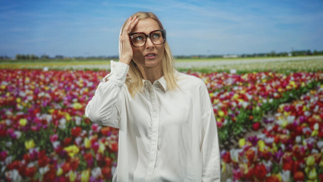 Woman with glasses and white shirt, middle aged blonde, hands pressing cheeks and eyes closed in studio with tulip field backdrop; calm reflection.