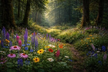Fototapeta premium Vivid wildflowers growing in a shady forest glade