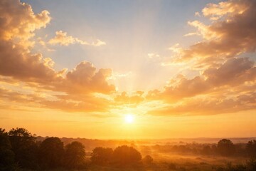 Obraz premium Summer dawn backdrop showing peaceful yellow clouds and bright sky