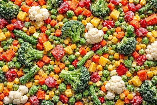 Flat lay of colorful frozen vegetable medley from above