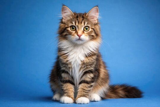 Young long haired torbie cat in front view posed on lively blue backdrop with copy space