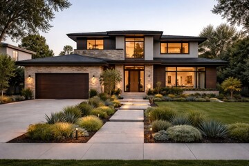 Fototapeta premium Up to date suburban residence showing modern materials and landscaped front yard