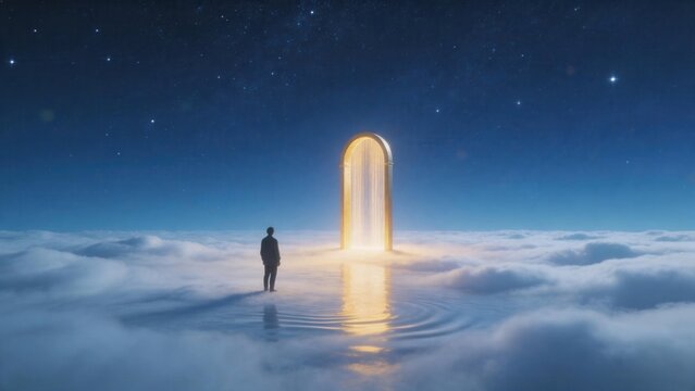 Person standing before glowing portal in sky