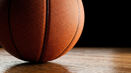 Obraz premium Close up of orange basketball on hardwood court with dramatic lighting and shadow