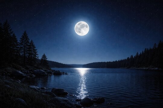 Peaceful full moon casting light on cloudless dark sky