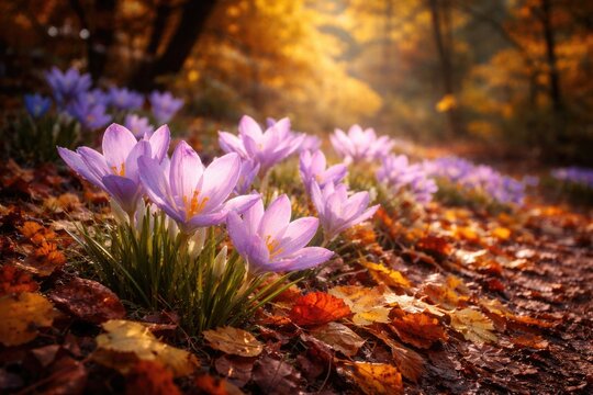 Colorful seasonal change featuring fall flowering Colchicum speciosum