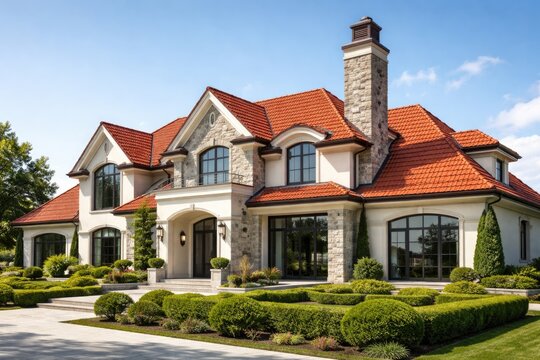 Stylish luxury house showcasing a red roof and chimney framed by a clear blue sky conveying property investment ideas