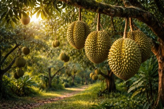Tropical orchard scene with ripe musang king durians dangling on tree
