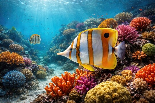 Tropical seafloor habitat featuring chelmon rostratus near colorful coral formations
