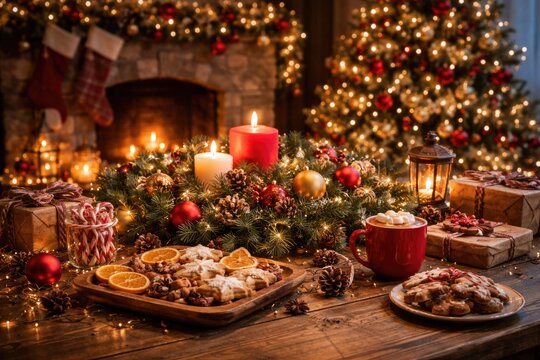 Holiday decoration setup with a rustic wood table against a Christmas backdrop