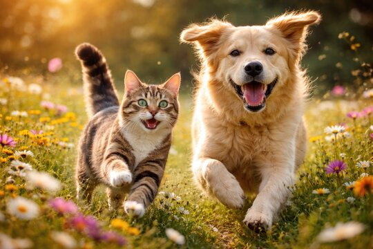 Playful cat and dog dashing cheerfully through a lively field of flowers