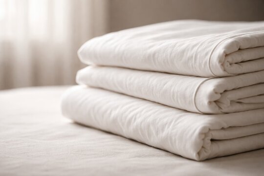 Tightly framed image of folded bed sheets with empty copy space