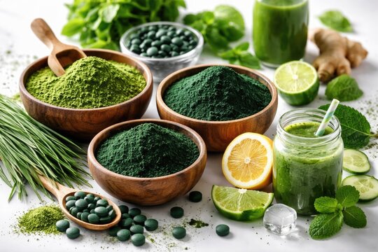 White backdrop showing detox superfood combination of barley chlorella and spirulina