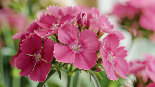 Closeup of a cluster of vibrant pink dianthus flowers in bloom.