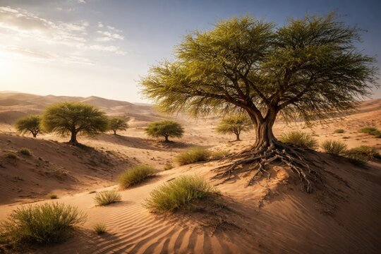 Resilient Ghaf trees flourishing in dry desert dunes opposing desertification effects