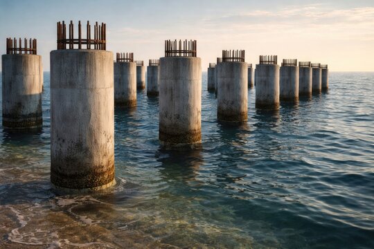 Marine architecture focus with concrete piles emerging from tranquil waters