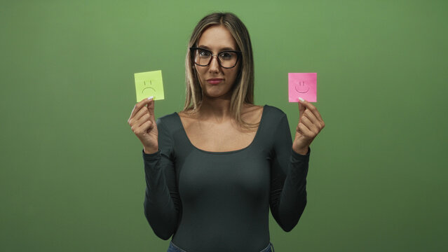 Woman holding two sticky notes with smile and sad faces in studio on green backdrop; indecision choice contrast.