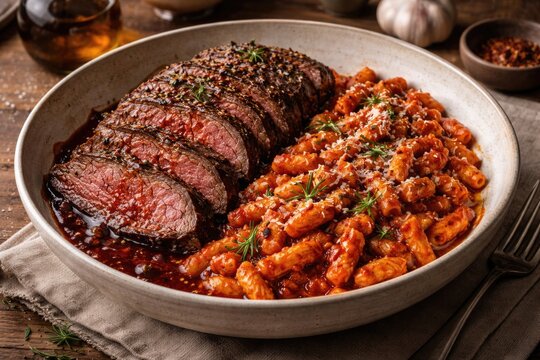 Traditional Italian Chianina roast beef alongside gnocchetti sardi drenched in spicy red wine sauce in a Nordic bowl setting