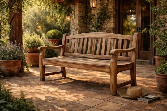 Classic textured wooden bench standing on tiled floor of rustic patio