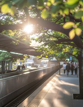 Train Station Platform with People and Trees.