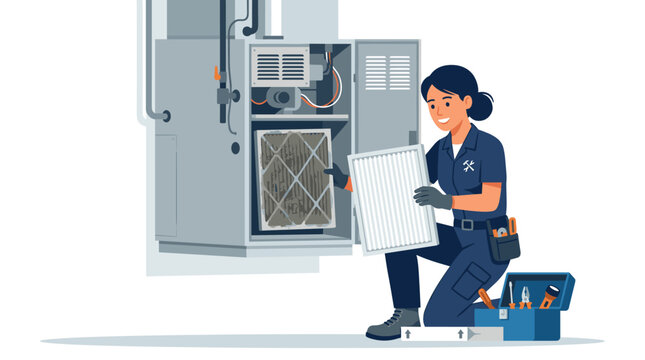 A professional technician wearing blue work gear kneels to replace a dirty furnace air filter with a clean replacement inside a residential heating system unit.