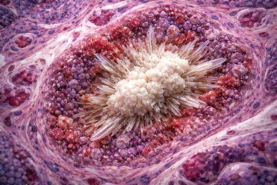 Microscopic tissue section demonstrating tophus presence in a patient diagnosed with elevated uric acid