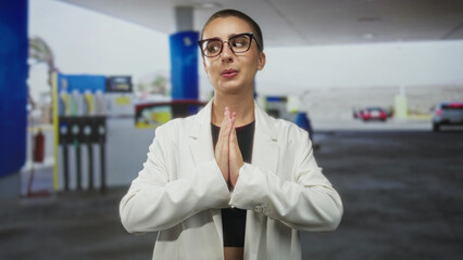 Woman with short hair and glasses presses hands together in a namaste prayer gesture showing palms on a street gas station forecourt  calm gratitude. © Krakenimages.com
