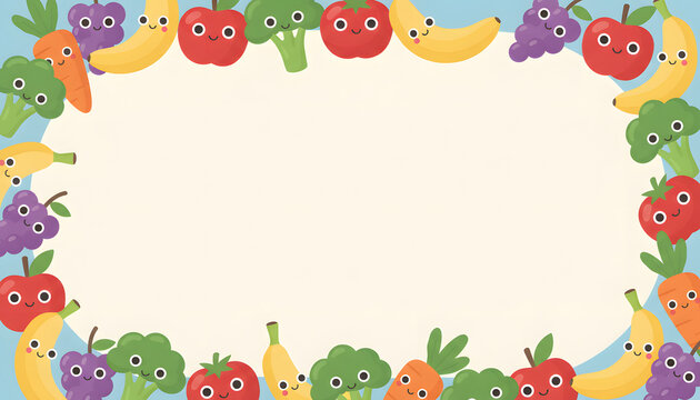 Cute fruit and vegetable border for kids, with smiling characters