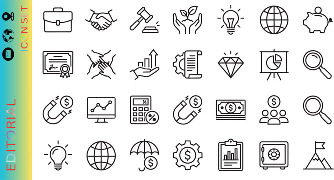Editorial icon set vertical banner with gradient sidebar and minimal modern layout design template black background