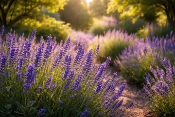 Fototapeta premium Bright summer garden filled with lavender plants bearing long blue petals