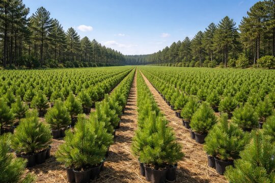 Wide view of a flourishing pine tree nursery under a clear sunny sky