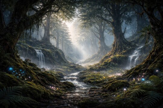 Mystical woodland vista with parallax layers creating a surreal forest backdrop