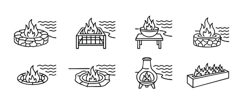 Fire Pit Icon Set Outline Collection for Outdoor Living and Backyard Patio Design Elements, Featuring Stone Fireplace, Modern Metal Burner, Chiminea, and Linear Flame Symbols for Residential Landscape