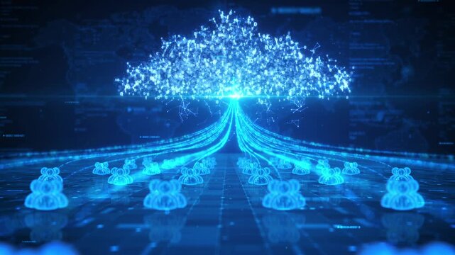 High tech cloud computing, a glowing digital cloud connects groups of people via luminous data streams, with a world map in the background, global connectivity, cloud computing, and digital society.