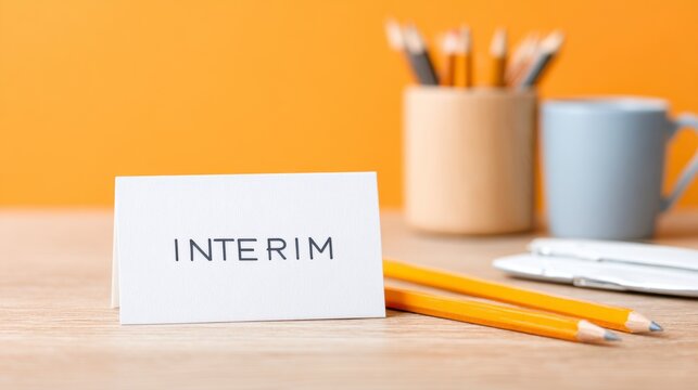 A Minimalist Workspace Featuring an 'Interim' Sign, Complemented by Vibrant Stationery, and an Inviting Color Palette for Creative Inspiration