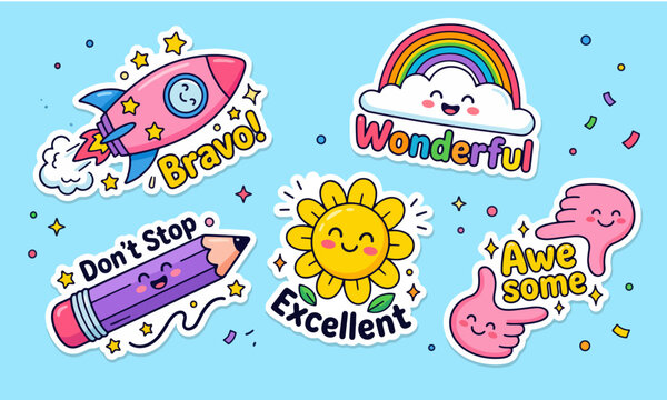 Cute cartoon stickers with positive affirmations and colorful illustrations for encouragement and celebration.