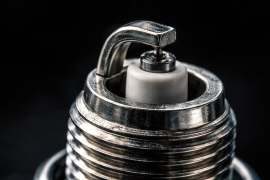 Macro shot of nickel electrode spark plugs used in automotive gas engine repair with black backdrop