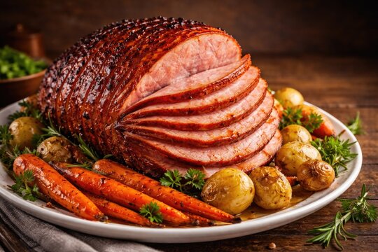 Full view of glazed spiral cut ham alongside carrots and potatoes with copy space for text placement