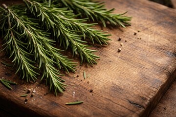 Naklejka premium Raw rosemary branches arranged on natural cutting surface with copy space