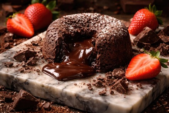 Indulgent chocolate lava treat with gooey fudge inside, complemented by strawberries and chocolate fragments on marble