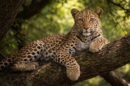 Content young leopard reclining in a shaded branch spot