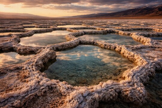 Unique salt pans with textured crystallized rims and reflective water pools