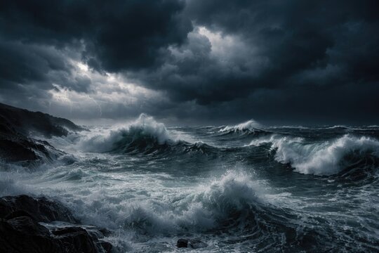 Stormy panoramic sea vista with wild waves and dark brooding clouds featuring copy space
