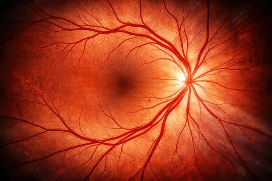 Studio captured macro image highlighting blood vessels in human retina