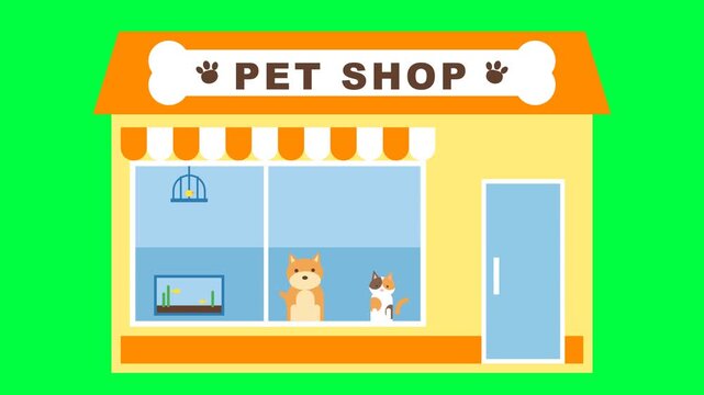 Animated Flat Vector Pet Shop Storefront with Dog Cat Fish and Bird on Green Screen Background