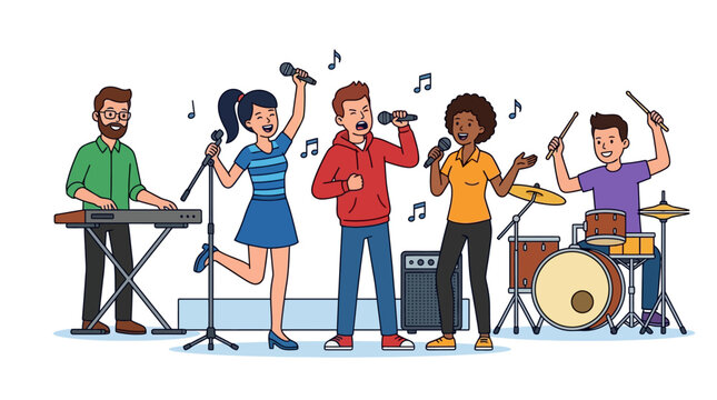Cartoon Singers And Musicians Karaoke Performance Vector Illustration